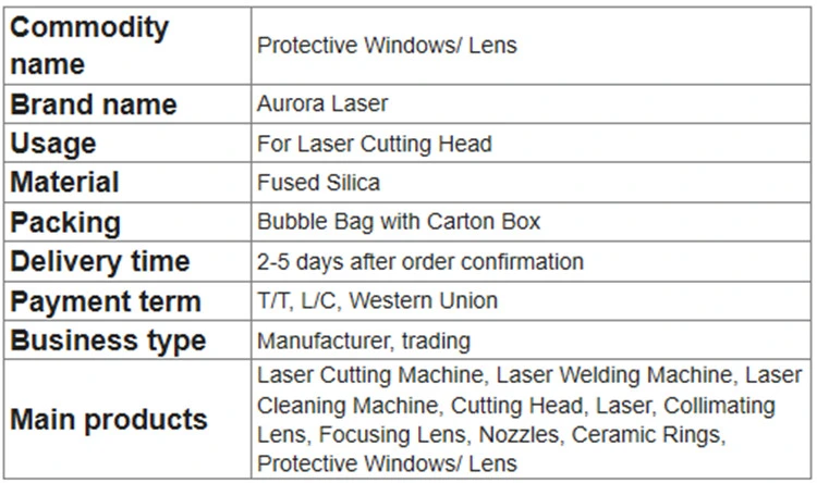 Hot Sale D50X2mm Laser Protective Lens Window for Fiber Laser Cutting Machine
